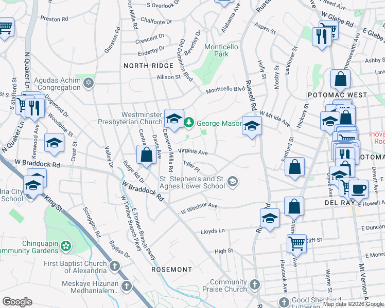 map of restaurants, bars, coffee shops, grocery stores, and more near 502 Virginia Avenue in Alexandria