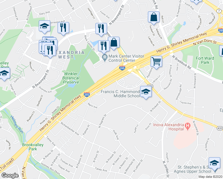map of restaurants, bars, coffee shops, grocery stores, and more near 1655 North Van Dorn Street in Alexandria