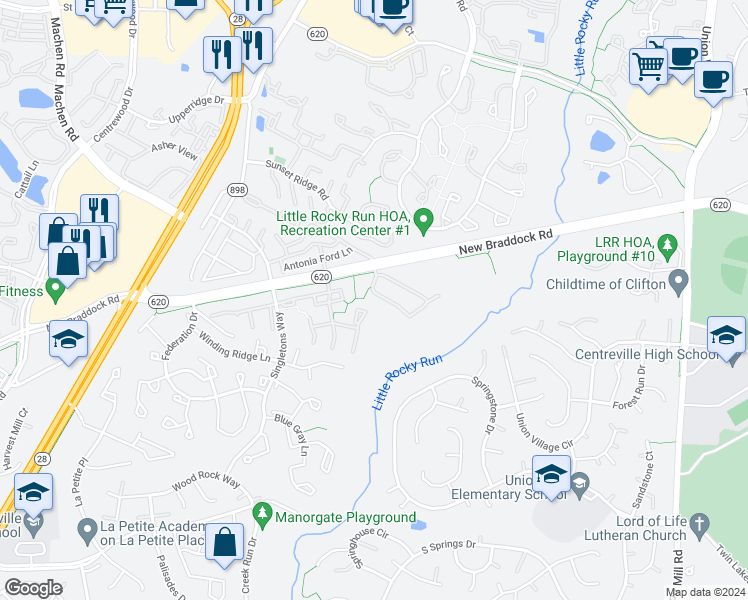 map of restaurants, bars, coffee shops, grocery stores, and more near 13879 Laura Ratcliff Court in Centreville