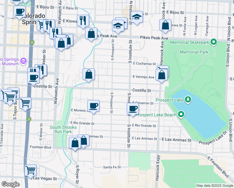 map of restaurants, bars, coffee shops, grocery stores, and more near 827 East Costilla Street in Colorado Springs