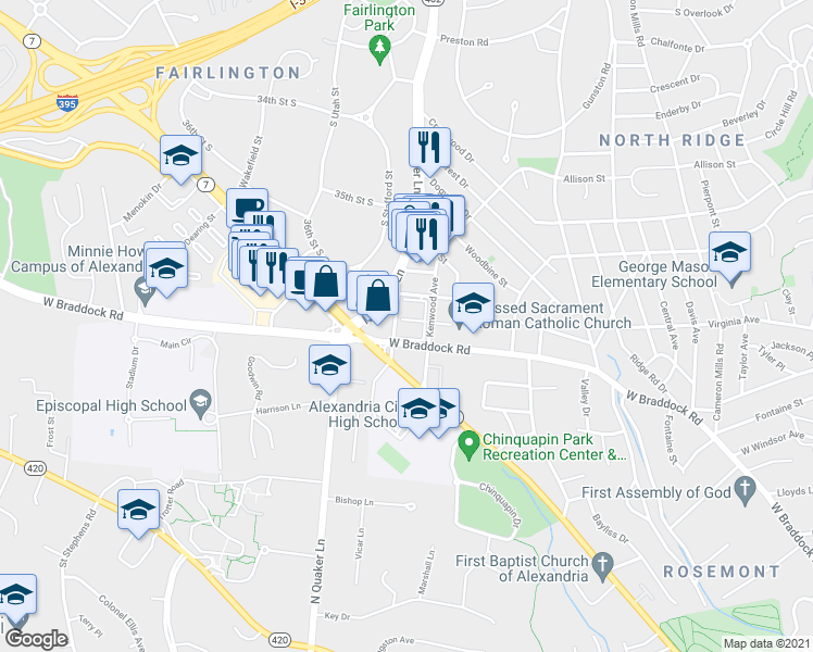 map of restaurants, bars, coffee shops, grocery stores, and more near 1333 North Quaker Lane in Alexandria