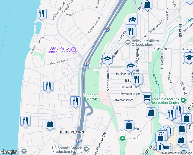 map of restaurants, bars, coffee shops, grocery stores, and more near 200 Chesapeake Street Southwest in Washington