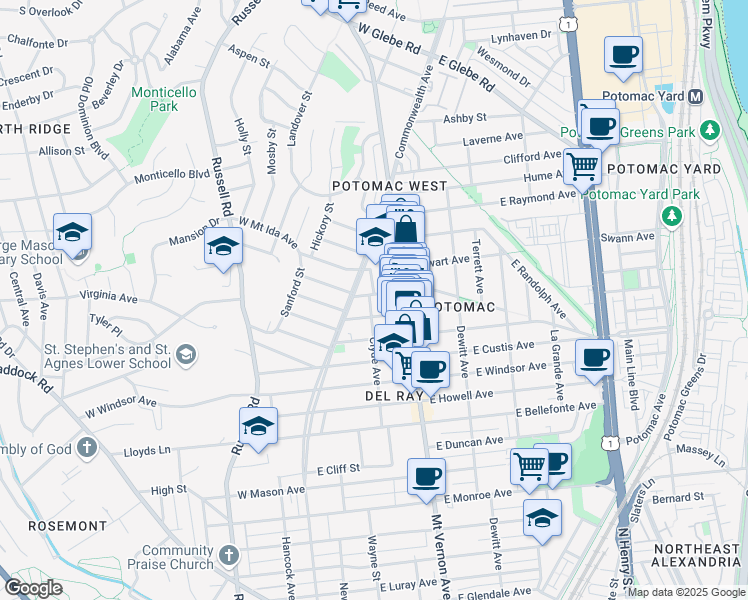 map of restaurants, bars, coffee shops, grocery stores, and more near 101 East Uhler Avenue in Alexandria