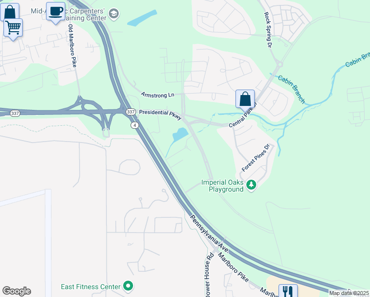 map of restaurants, bars, coffee shops, grocery stores, and more near 8905 Presidential Parkway in Upper Marlboro