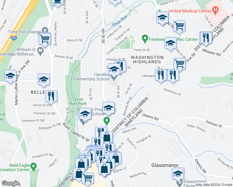 map of restaurants, bars, coffee shops, grocery stores, and more near 4261 6th Street Southeast in Washington