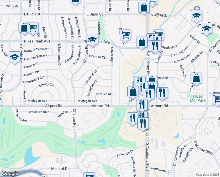 map of restaurants, bars, coffee shops, grocery stores, and more near 3669 South Temple Street in Colorado Springs