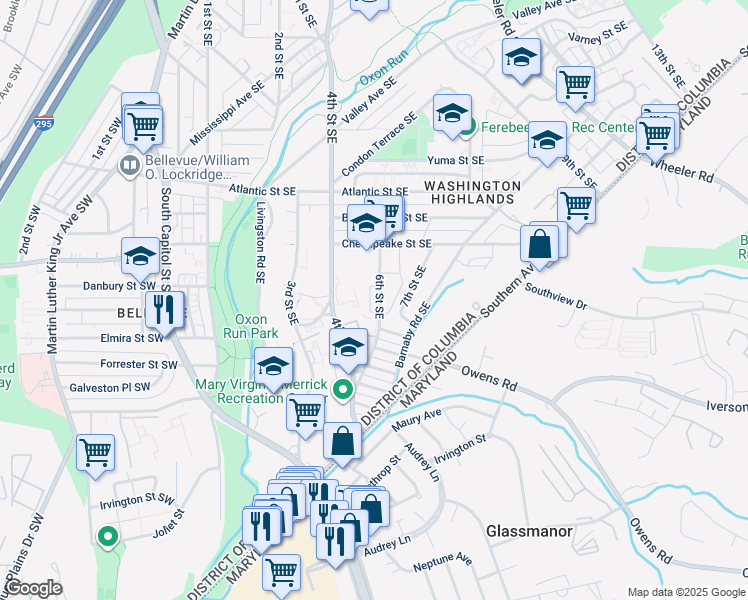 map of restaurants, bars, coffee shops, grocery stores, and more near 4257 6th Street Southeast in Washington