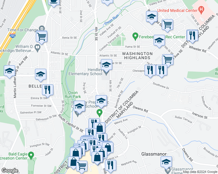map of restaurants, bars, coffee shops, grocery stores, and more near 4257 6th Street Southeast in Washington