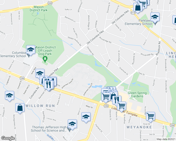 map of restaurants, bars, coffee shops, grocery stores, and more near 4568 Shetland Green Road in Alexandria