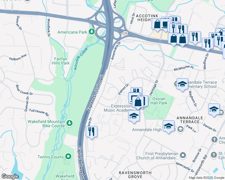 map of restaurants, bars, coffee shops, grocery stores, and more near 7802 Dassett Court in Annandale