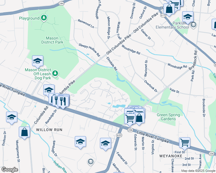 map of restaurants, bars, coffee shops, grocery stores, and more near 4568 Shetland Green Road in Alexandria