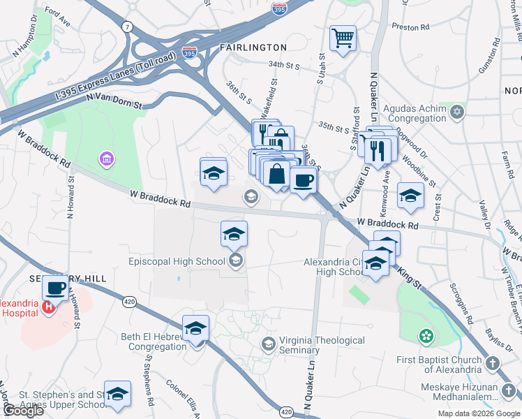 map of restaurants, bars, coffee shops, grocery stores, and more near 3663 West Braddock Road in Alexandria