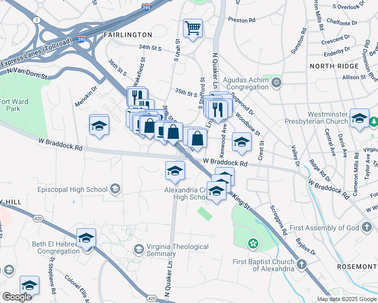 map of restaurants, bars, coffee shops, grocery stores, and more near North Quaker Lane in Alexandria