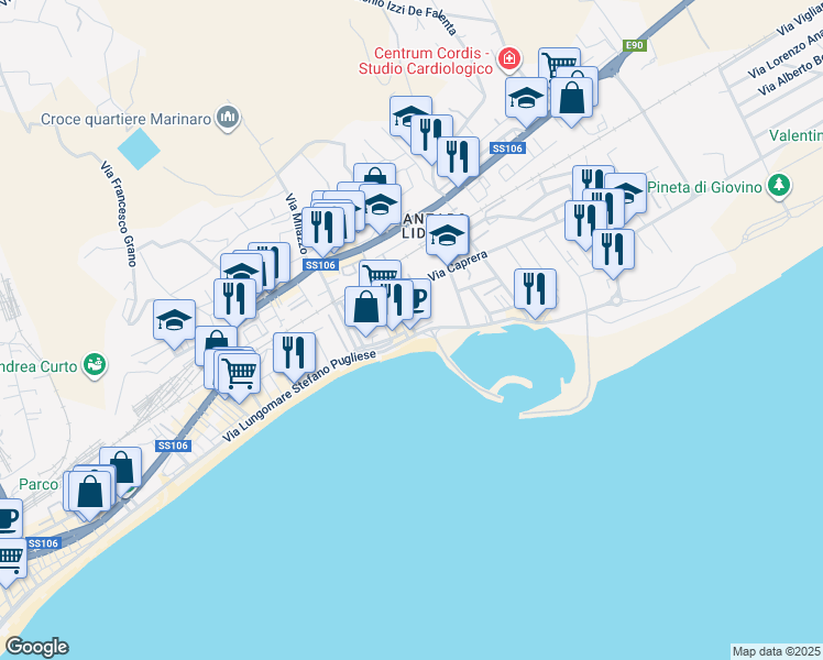 map of restaurants, bars, coffee shops, grocery stores, and more near Via Lungomare Stefano Pugliese in Catanzaro