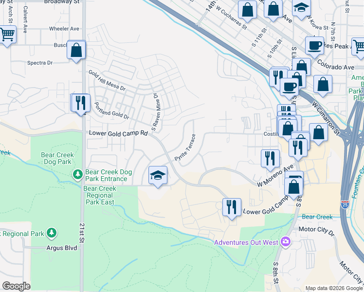 map of restaurants, bars, coffee shops, grocery stores, and more near 312 Pyrite Terrace in Colorado Springs