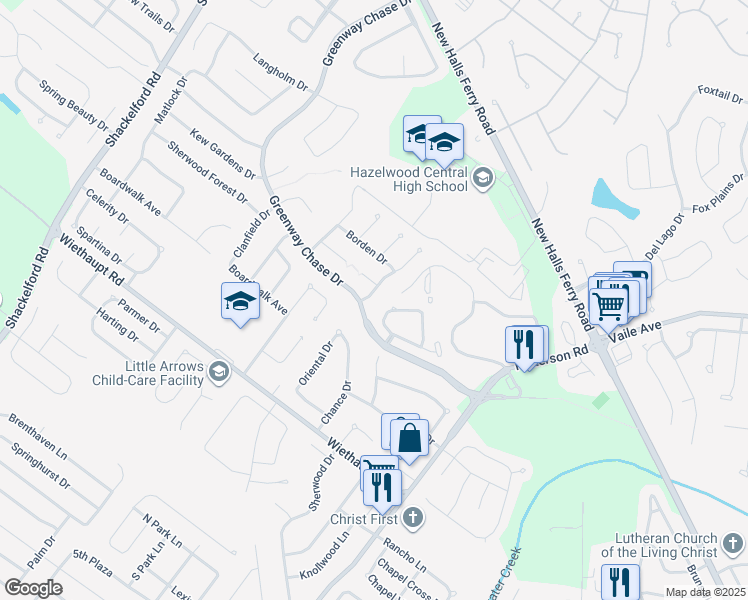 map of restaurants, bars, coffee shops, grocery stores, and more near 3110 Sabrina Lane in Florissant