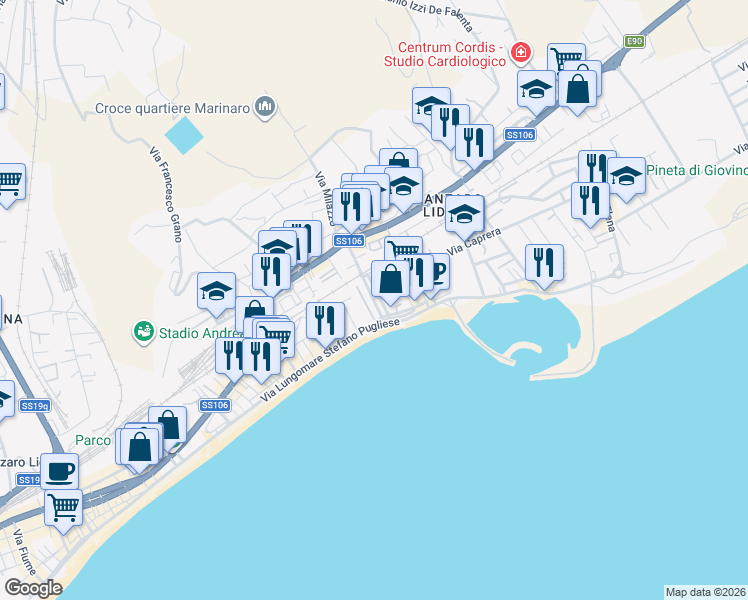 map of restaurants, bars, coffee shops, grocery stores, and more near 6 Via Ferdinando Magellano in Catanzaro