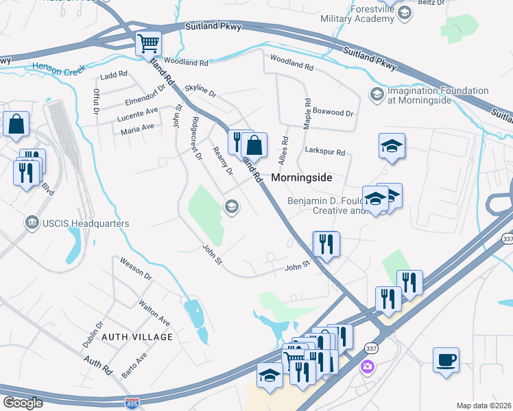 map of restaurants, bars, coffee shops, grocery stores, and more near 4512 Reamy Drive in Camp Springs