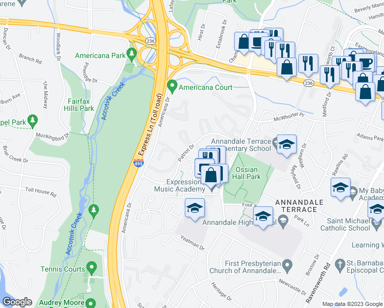map of restaurants, bars, coffee shops, grocery stores, and more near 7885 Patriot Drive in Annandale