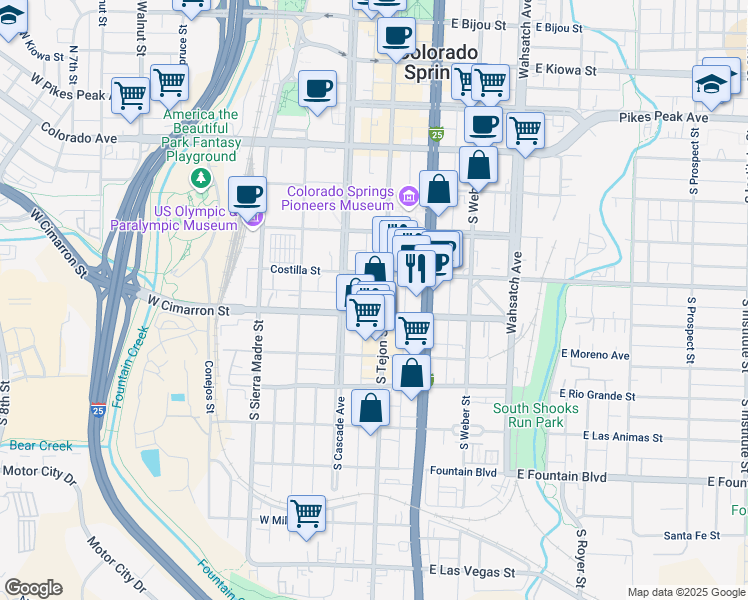 map of restaurants, bars, coffee shops, grocery stores, and more near 422 South Tejon Street in Colorado Springs