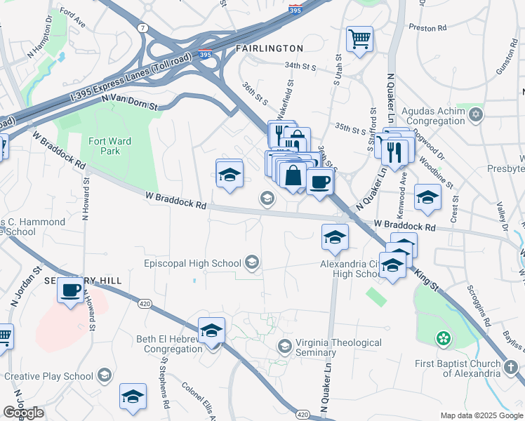 map of restaurants, bars, coffee shops, grocery stores, and more near 3801 West Braddock Road in Alexandria