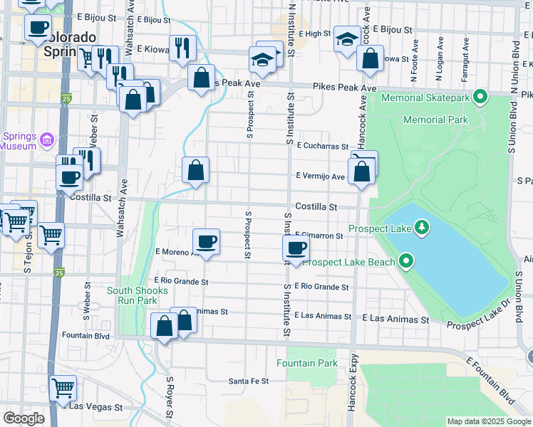 map of restaurants, bars, coffee shops, grocery stores, and more near 827 East Costilla Street in Colorado Springs