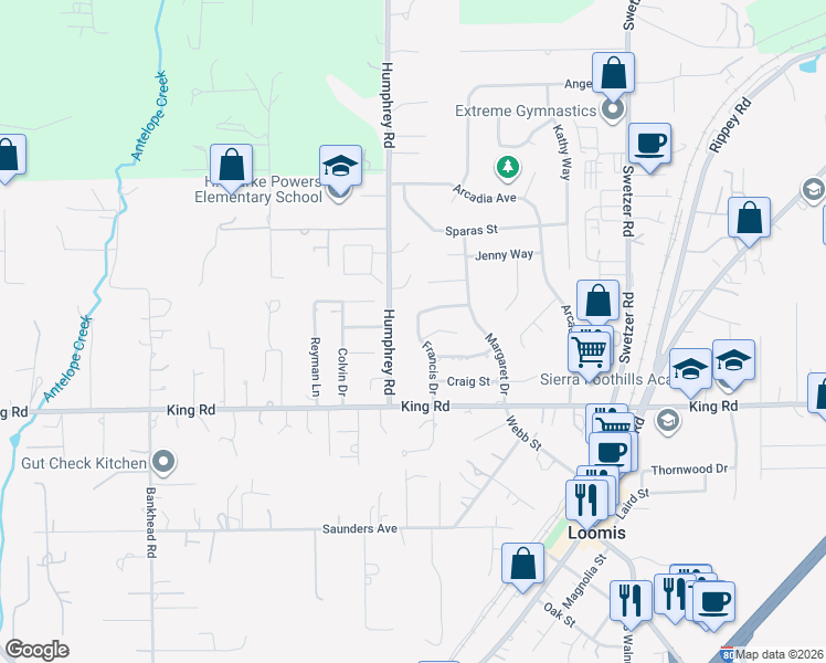 map of restaurants, bars, coffee shops, grocery stores, and more near 3414 Francis Drive in Loomis