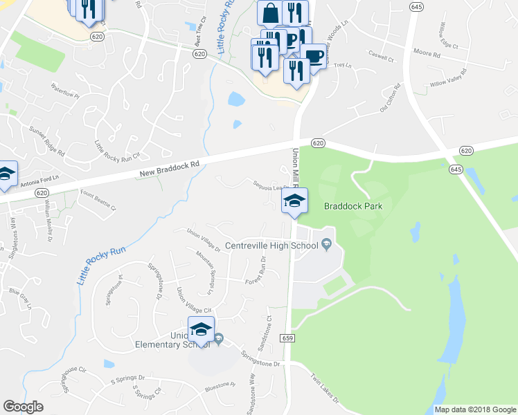 map of restaurants, bars, coffee shops, grocery stores, and more near 6021 Little Brook Court in Clifton