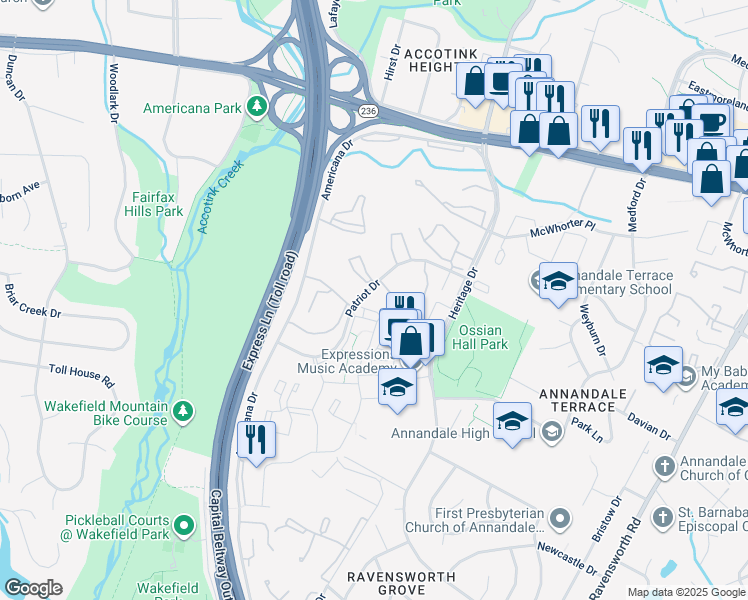 map of restaurants, bars, coffee shops, grocery stores, and more near 7885 Patriot Drive in Annandale