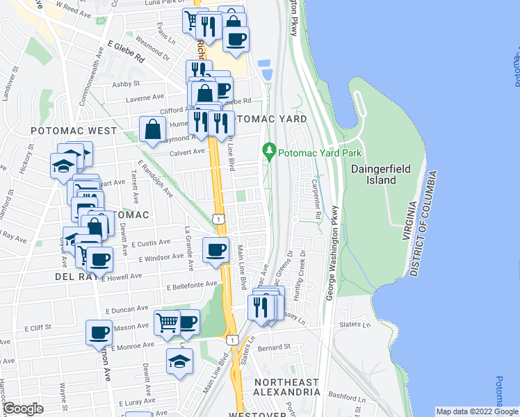 map of restaurants, bars, coffee shops, grocery stores, and more near 101 Independence Avenue Southeast in Washington