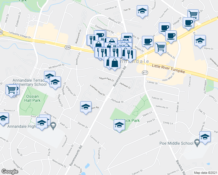 map of restaurants, bars, coffee shops, grocery stores, and more near 4437 Chase Park Court in Annandale