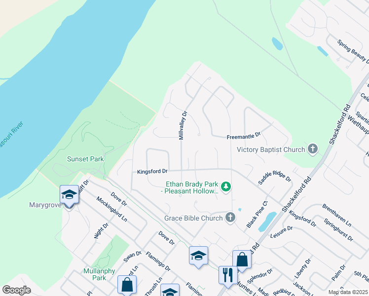 map of restaurants, bars, coffee shops, grocery stores, and more near 2386 Millvalley Drive in Florissant