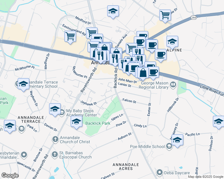map of restaurants, bars, coffee shops, grocery stores, and more near 4405 Elan Court in Annandale