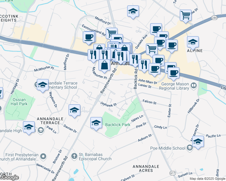 map of restaurants, bars, coffee shops, grocery stores, and more near 7484 Covent Wood Court in Annandale