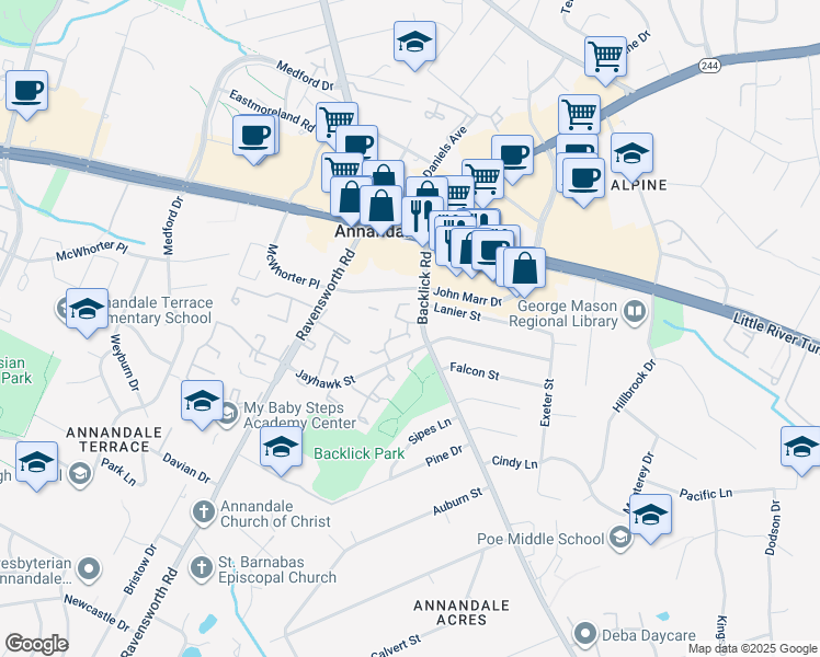 map of restaurants, bars, coffee shops, grocery stores, and more near 4405 Elan Court in Annandale