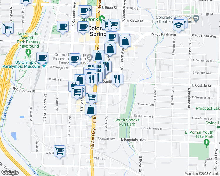 map of restaurants, bars, coffee shops, grocery stores, and more near 415 South Weber Street in Colorado Springs