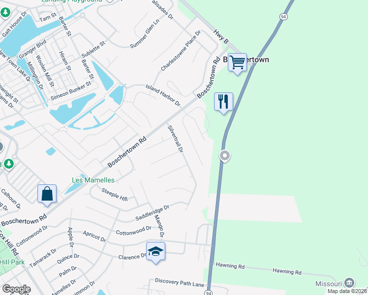map of restaurants, bars, coffee shops, grocery stores, and more near 3292 Silvertrail Drive in Saint Charles