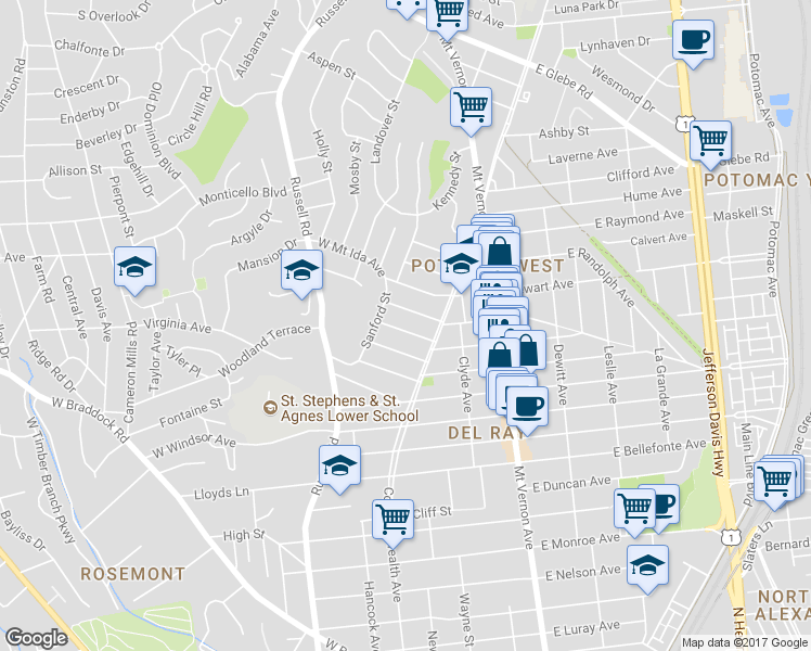 map of restaurants, bars, coffee shops, grocery stores, and more near 13 West Caton Avenue in Alexandria