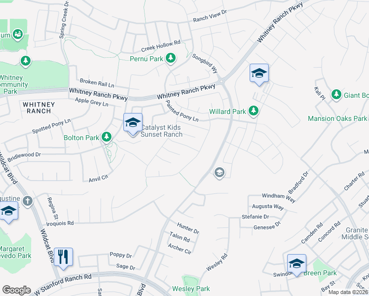 map of restaurants, bars, coffee shops, grocery stores, and more near 2616 Firebrand Ln in Rocklin