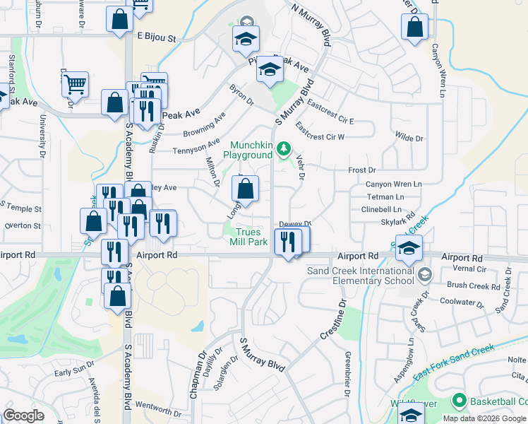 map of restaurants, bars, coffee shops, grocery stores, and more near 4212 Shelley Avenue in Colorado Springs