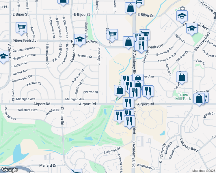 map of restaurants, bars, coffee shops, grocery stores, and more near 221 Audubon Drive in Colorado Springs