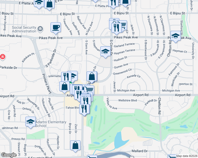 map of restaurants, bars, coffee shops, grocery stores, and more near 248 South Circle Drive in Colorado Springs