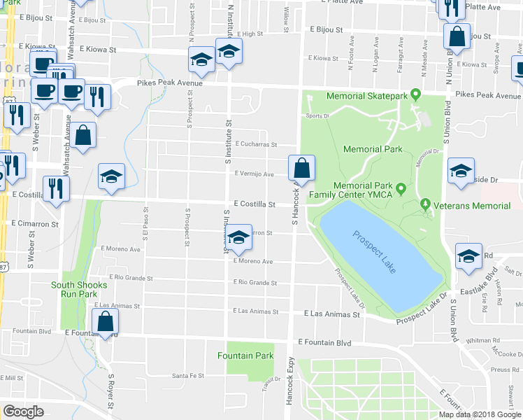 map of restaurants, bars, coffee shops, grocery stores, and more near 941 East Costilla Street in Colorado Springs