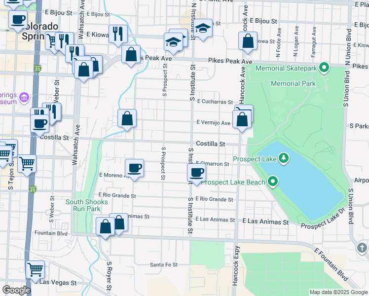 map of restaurants, bars, coffee shops, grocery stores, and more near 827 East Costilla Street in Colorado Springs