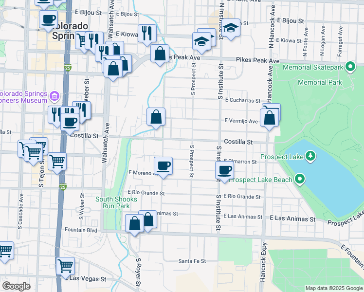 map of restaurants, bars, coffee shops, grocery stores, and more near 747 East Costilla Street in Colorado Springs