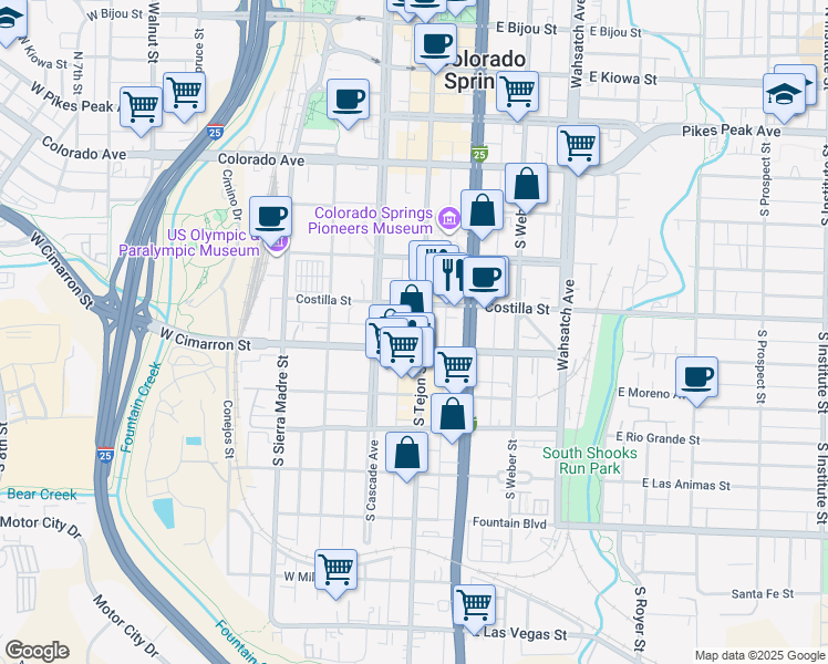 map of restaurants, bars, coffee shops, grocery stores, and more near 422 South Tejon Street in Colorado Springs