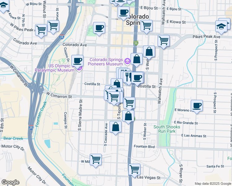map of restaurants, bars, coffee shops, grocery stores, and more near 422 South Tejon Street in Colorado Springs