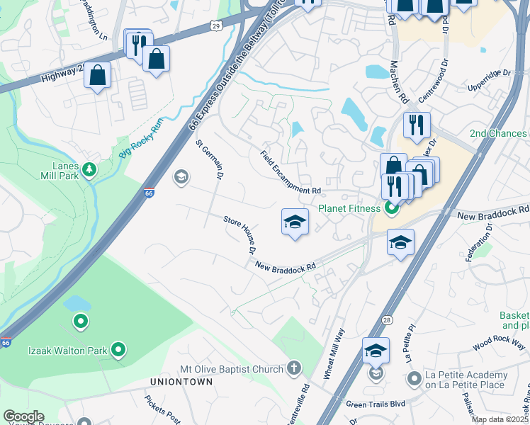 map of restaurants, bars, coffee shops, grocery stores, and more near 14565 Woodland Ridge Drive in Centreville