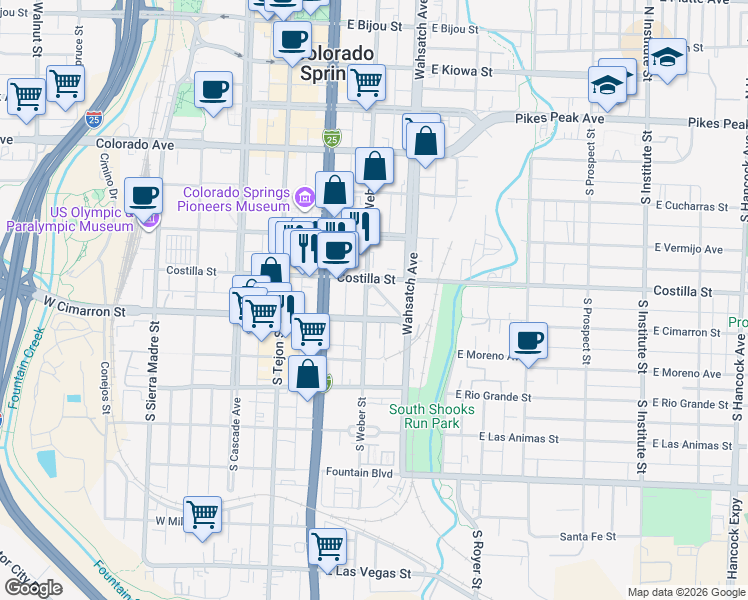 map of restaurants, bars, coffee shops, grocery stores, and more near 415 South Weber Street in Colorado Springs