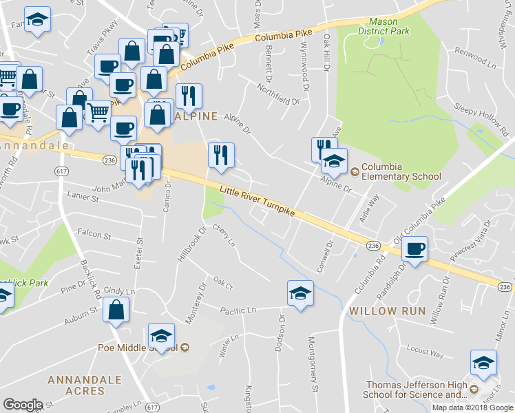 map of restaurants, bars, coffee shops, grocery stores, and more near 6842 Indian Run Court in Annandale
